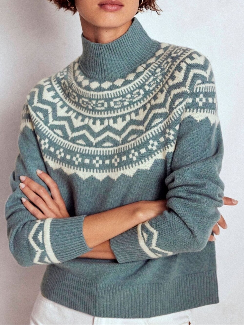 Boden Marion Fair Isle Pure Wool Sweater Jumper L Blue High Neck Nordic